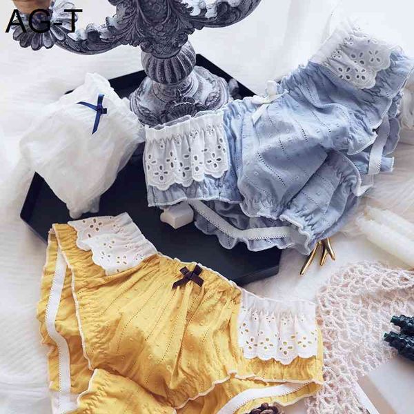 

2021 spring mid waist pleated cotton underwear women lace bow girls' briefs, Black;pink