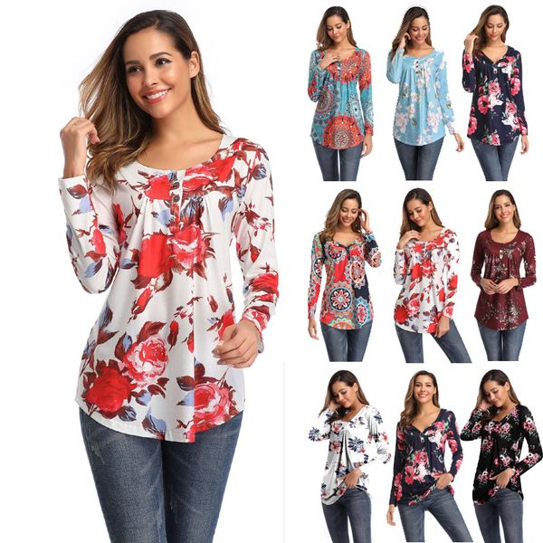 

spring / summer 2021 new v-neck button pleated long sve print loose casual t-shirt, White