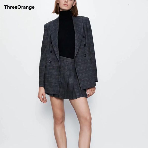 

suits za suits women two piece set gray plaid coat blazer&mini pleated skirt female woman england style clothes, Black