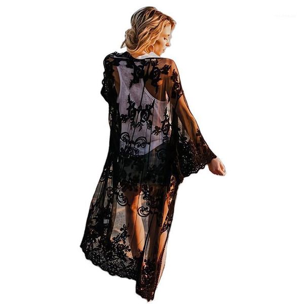 

fanco loose skinny vacation style lace blouse mid-length mesh cardigan sun protection clothing women women's swimwear, White;black