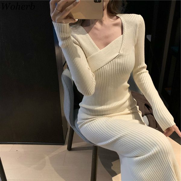 

irregular knitted maxi dresses for women split slim fit robe vestidos fall clothes bodycon temperament dress female 4g350 210417, White