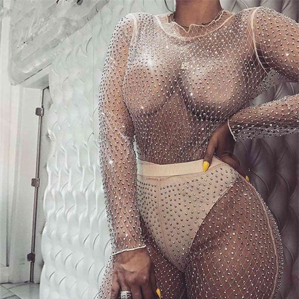 

mesh sheer bodysuit womens romper long sleeve beading see through clubwear party bodycon jumpsuits summer, Black;white