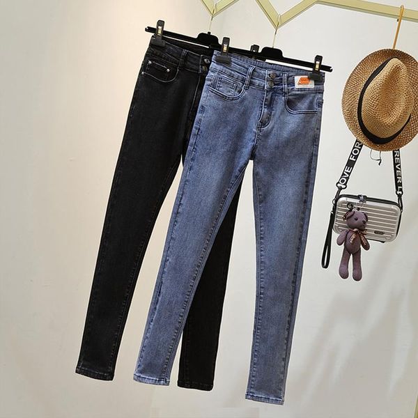 

women's jeans plus size stretch women skinny pencil pants denim ladies autumn double buttons elastic high waist trousers slim mujer blu, Blue