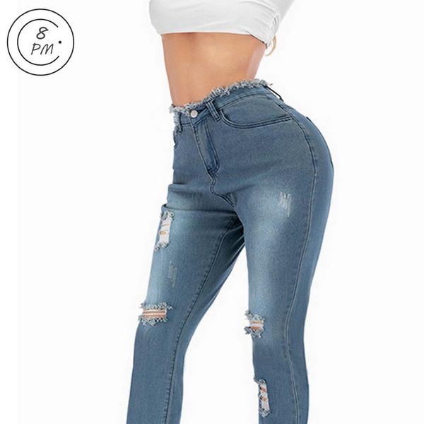 

women high waist ripped jeans 2021 streetwear fashion pencil distressed pants vintage hole skinny denim ouc177 women's, Blue