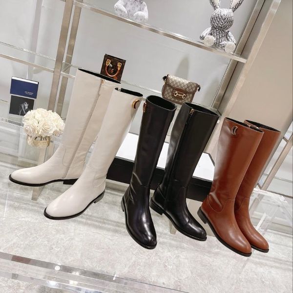 

boots long autumn winter shoes women genuine leather platform knight zipper metal low heels botas de mujer size 34-42, Black