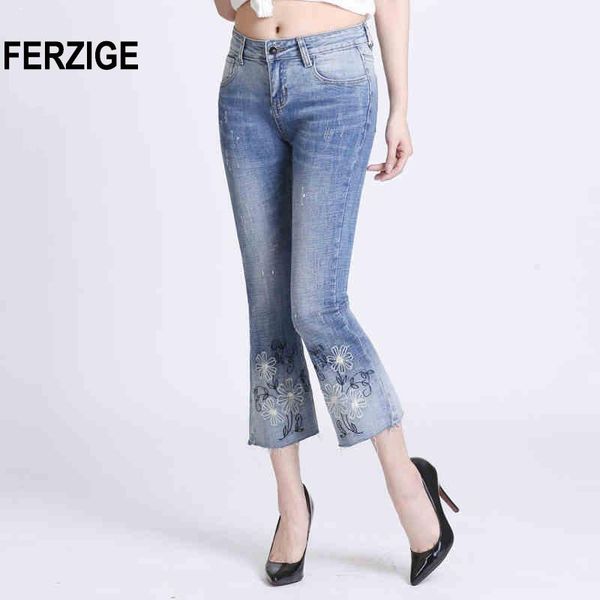 

women's jeans ferzige 2021 summer light blue flare pants casual skinny embroidery stretch calf-length vintage designers big size