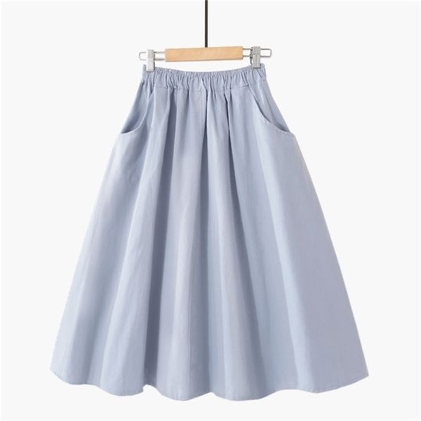 

spring summer solid cotton skirt women elastic high waist midi skirts femme with pocket simple black skirt women korean skirt 210401