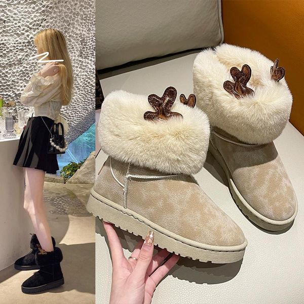 

boots 2022 women flats ankle snow fur winter warm shoes woman round-toe female flock leather, Black