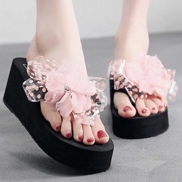 

fashion casual women summer sandals slipper outdoor ribbon bowknot flip-flops soft bottom beach shoe chaussons xx163 210625, Black
