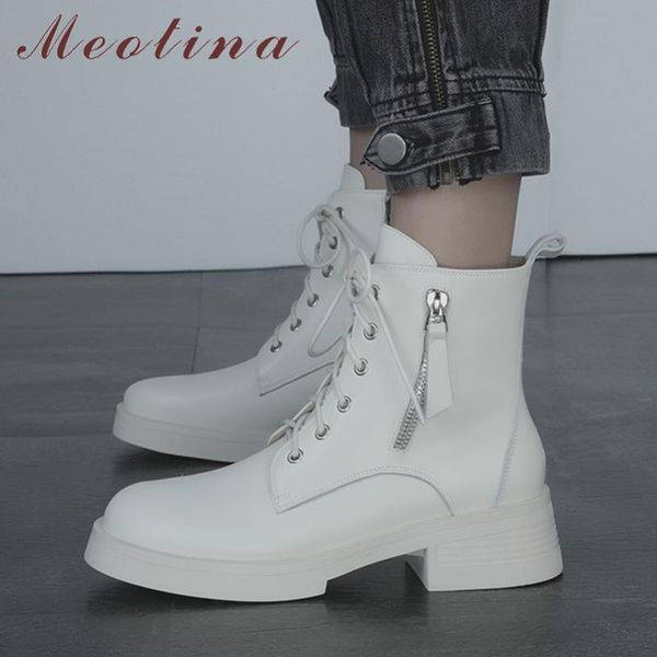 

boots meotina women genuine leather ankle thick high heel motorcycle zipper lace up ladies autumn winter white black