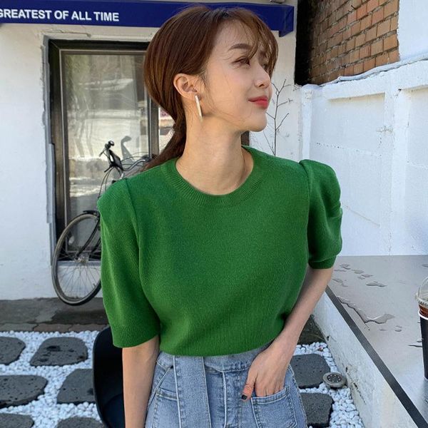 

women 2021 summer korean clothes fashion elegant pullover casual loose puff sleeve knitted sweater t-shirt shirts women's, White