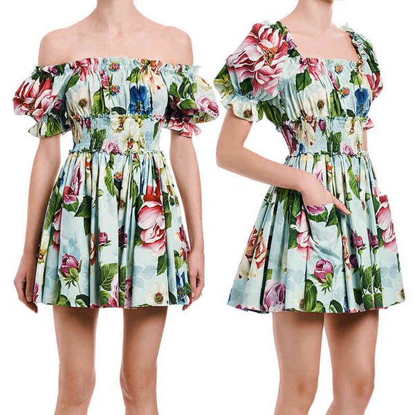 

summer runway short sleeve rose floral print cotton women off shoulder petel buttons pocket elastic waist beach boho, Black;gray