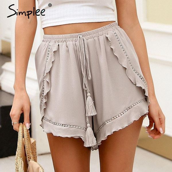 

women's shorts simplee ruffle tassel mini women floral print beach summer female streetwear elastic hight waist, White;black