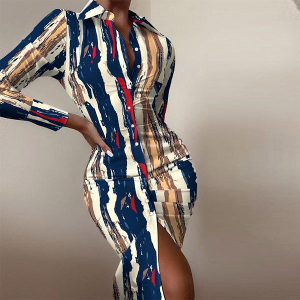 

casual dresses heath women dress turn-down neck long sleeve printing draw back shirt buttons robe femme sleve sexy, Black;gray