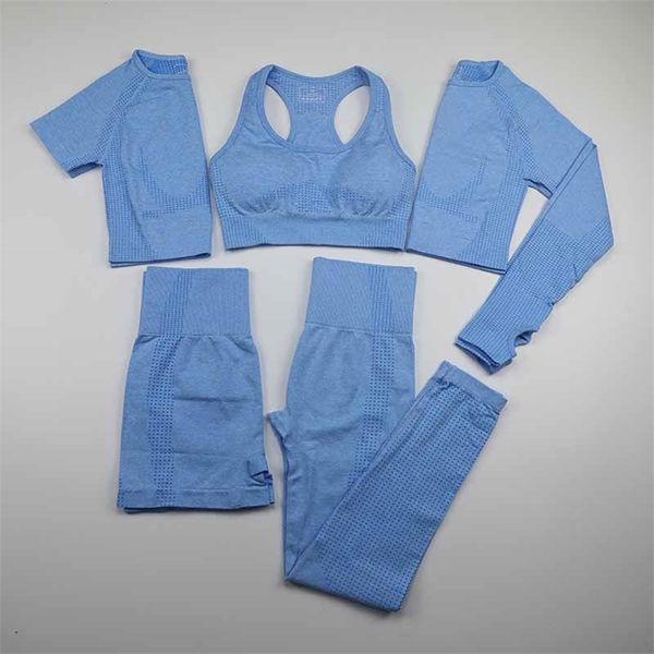 

5 piece vital seamless yoga set women workout sport wear gym clothing short/long sleeve crop high waist leggings sports suit 210802, Gray