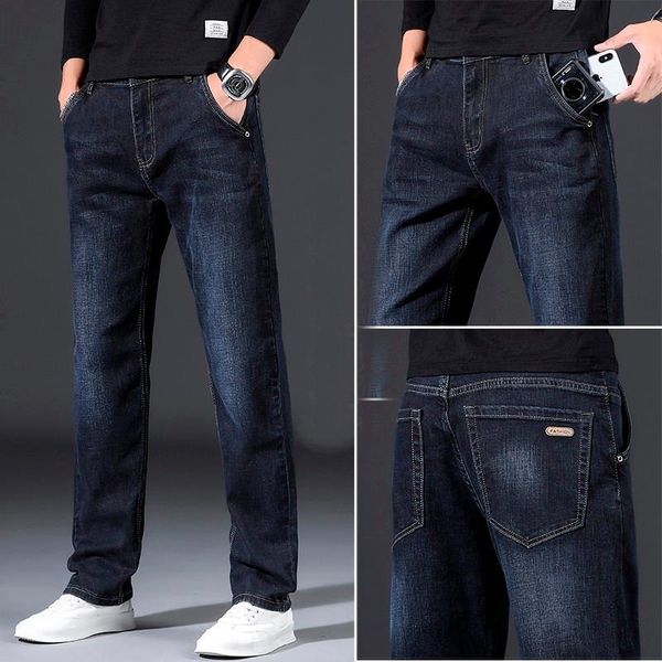 

men's jeans men's straight loose autumn brand clothing creative anti-theft zipper pocket casual, Blue