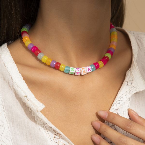 

bohemian colorful acrylic letter beaded necklaces sweet single rice beads chokers for girls women beach summer dress chains jewelry accessor, Silver