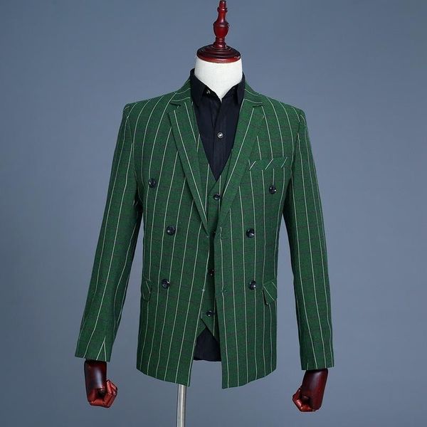 Ternos masculinos blazers verde boutique listrado vestido de noiva terno de três peças masculino formal negócios xadrez casual (jaqueta colete + calça)