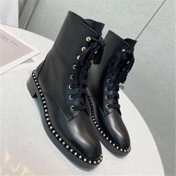 

boots genuine leather black lace-up for women pearl rivets fashion round toe autumn low heel solid color 2021 boot