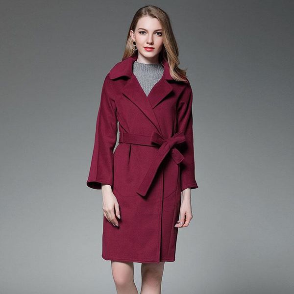 

women's wool & blends women burgundy black cashmere waterfall coat winter woolen robe blend fashion street elegant luxury overcoat ladi