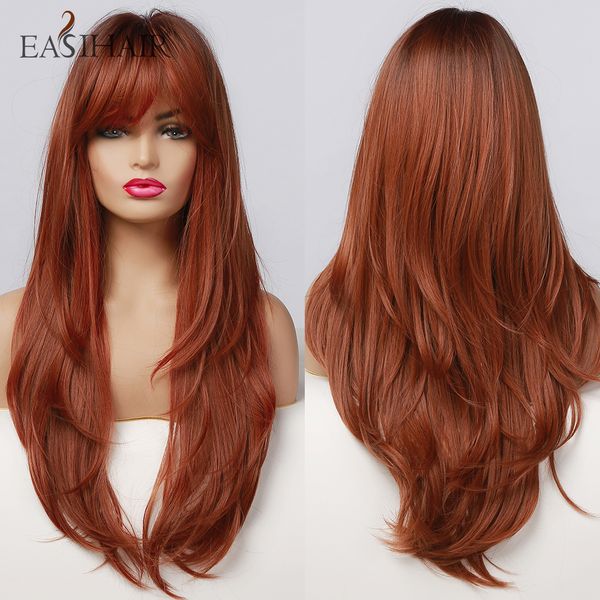 

long red brown ombre synthetic wigs for women natural wave wigs with bangs layered heat resistant cosplay wig, Black