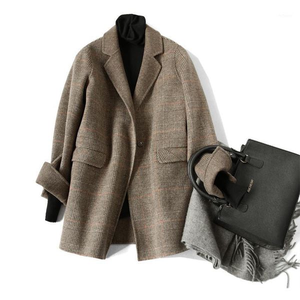 

women's wool & blends 2021 hand-stitched double-sided plush coat plaid single breasted casual cashmere women outerwear female, Black