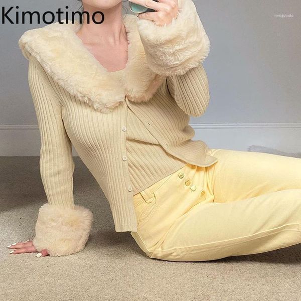 

women's knits & tees kimotimo knitted cardigan sweater fur long sleeve knitwear female chic slim fashion autumn jumper y2k vintage swe, White