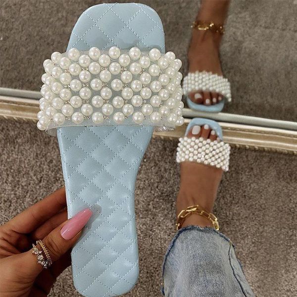 

slippers spring/summer women 2021 fashion solid color flat shoes sandals pearl rhinestone women's all-match casual, Black