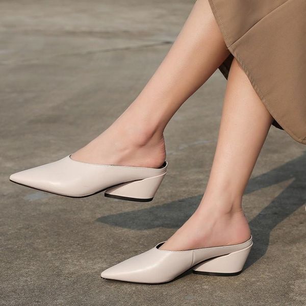 

slippers gpokhds 2021 women soft cow leather summer beige color rome style pointed toe spike heels sandals party dress wedding, Black