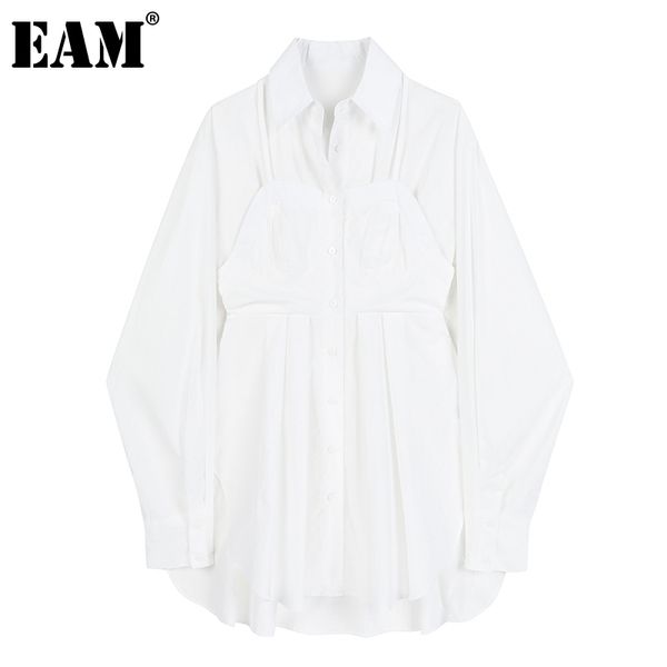 

[eam] women white big size ruffles spliced blouse lapel long sleeve loose fit shirt fashion spring autumn 1dd7825 210512