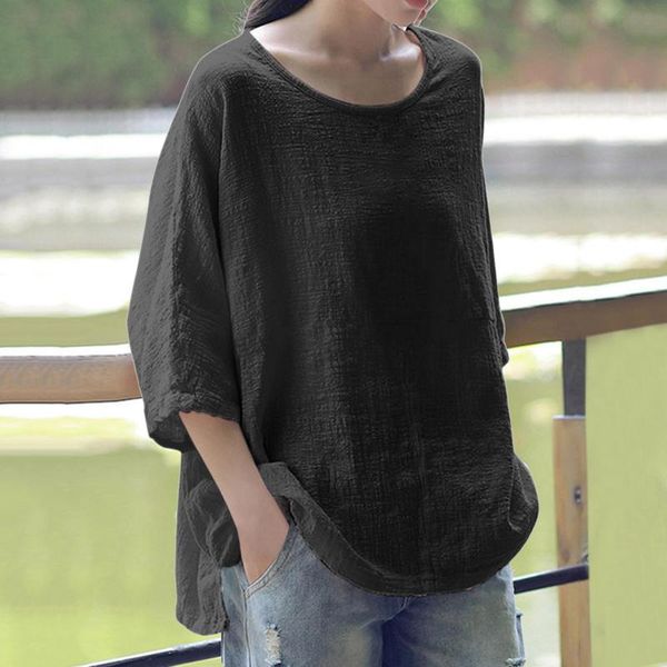 

women's blouses & shirts women blouse solid color cotton blend round neck three-quarter sleeve summer vintage elegant plus size shirt b, White