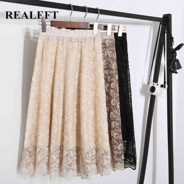 

hollow out lace skirts female elegant korean style office ladies summer spring womens midi a-line 210428, Black