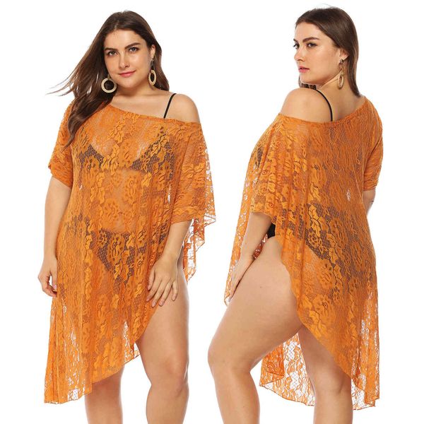 

women's plus size large perspective lace solid off shoulder irregular beach bikini blouse zy1961