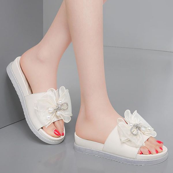 

slippers summer thick bottom increased bow wedge with flip flops, Black