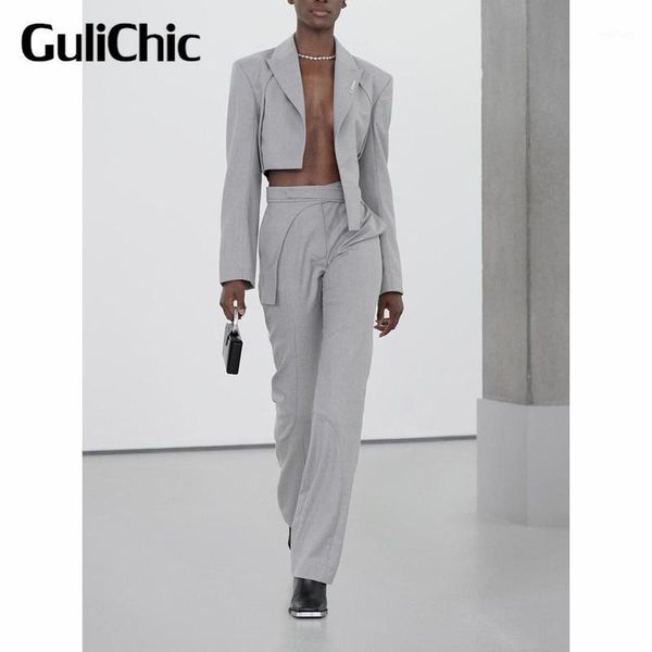 

women's two piece pants 7.21 gulichic irregular design short blazer or waist casual straight fashion temperament set, White