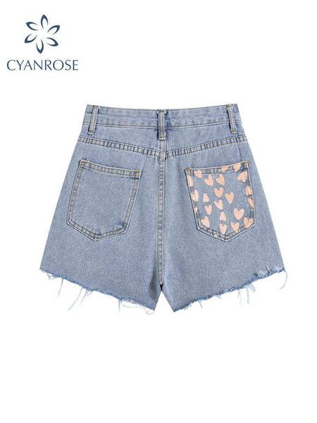 

women's wide leg jeans shorts heart print shorts vintage casual elegant high waist spring female y2k e-girl ripped denim shorts y220311, White;black