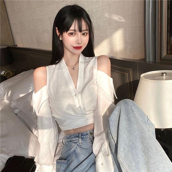 

women's blouses & shirts v-neck club off shoulder women slim spring autumn fashion brand ladies crop long sleeve korean clothes, White
