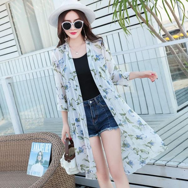 

women's blouses & shirts women 2021 summer beach wear long cardigan chiffon female floral print blouse shirt ladies sunscreen blousers, White