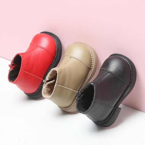 

boots autumn winter genuine leather baby martion fleece toddler boys girls short solid color shoes, Black;grey
