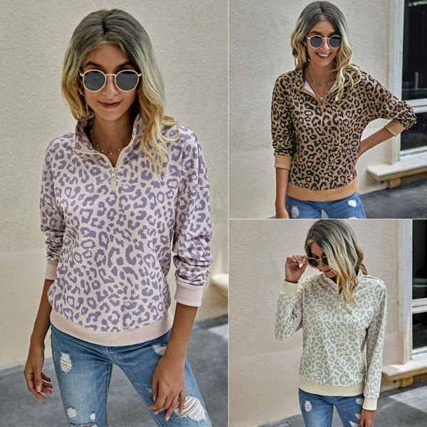 

women's hoodies & sweatshirts leopard print hoodie ladies autumn fashion high neck zipper long sleeve pullover sweatshirt casual loose, Black