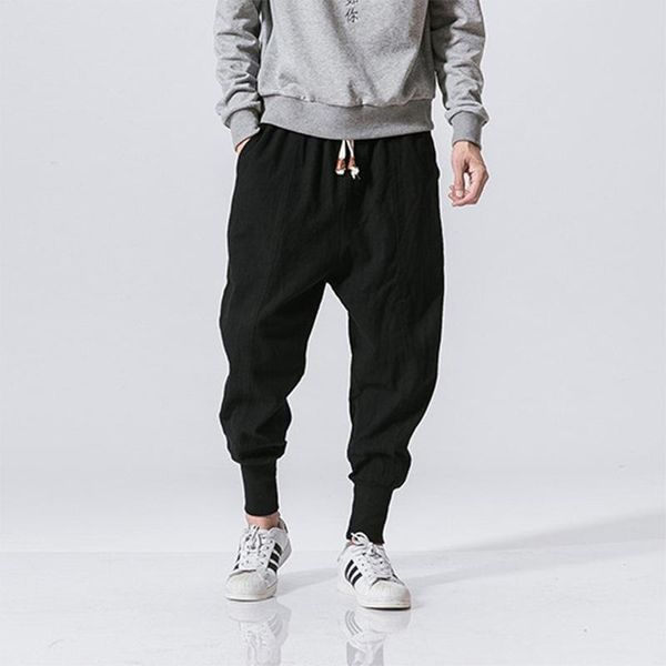 

men's pants fashion drawstring harem jogger men streetwear summer casual cotton linen trouser for harajuku loose solid ankle, Black