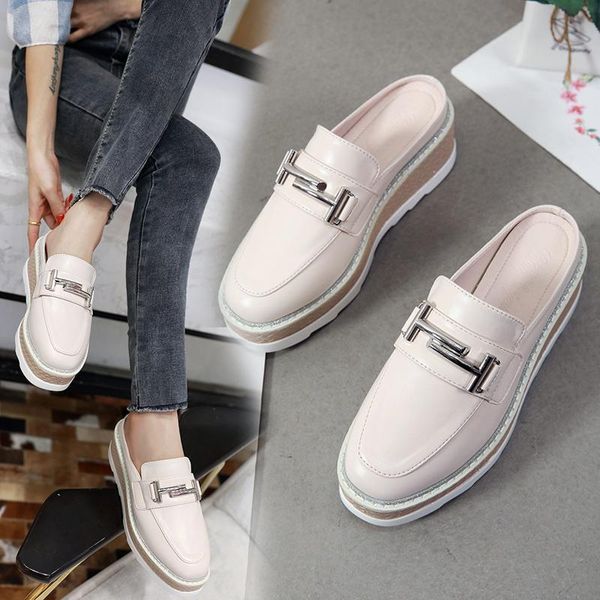 

slippers shoes woman wedges metal decoration platform heels mules closed toe slides loafers sandalias mujer black apricot