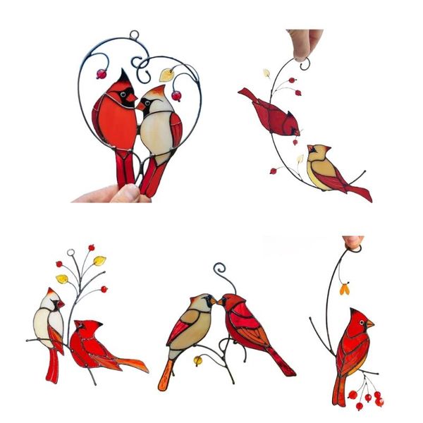 

beautiful branches red birds stained glass ornaments outdoor pastoral garden window hanging decoration home gardening decorations