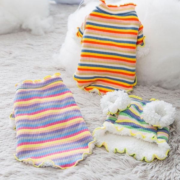 

dog apparel cute pet clothes rainbow stripe knit bottoming shirt plus velvet thick sweater teddy puppy cat winter warm costume