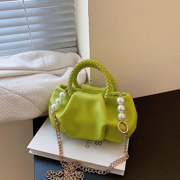 

evening bags designer pleated small totes with woven handle 2021 pu women's handbag pearl chain shoulder messenger bag