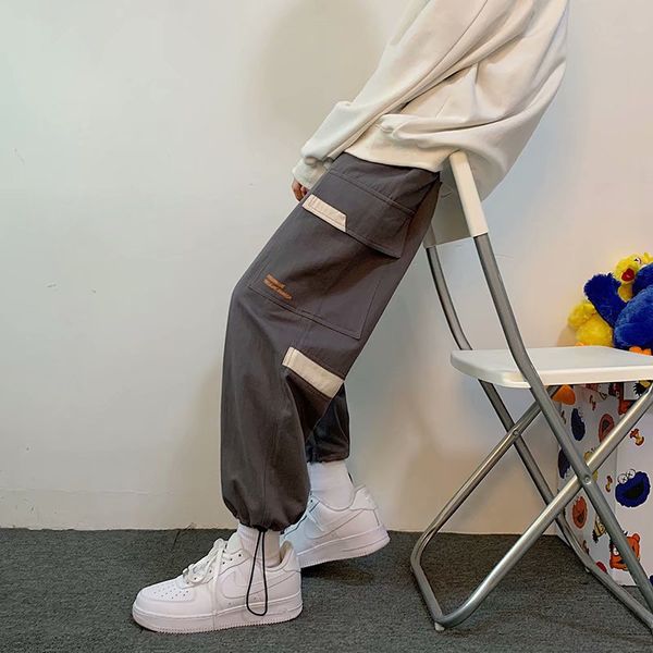 

overalls cargo pants mens matching color trousers fashion loose straight drawstring streetwear sports style spring summer new, Black
