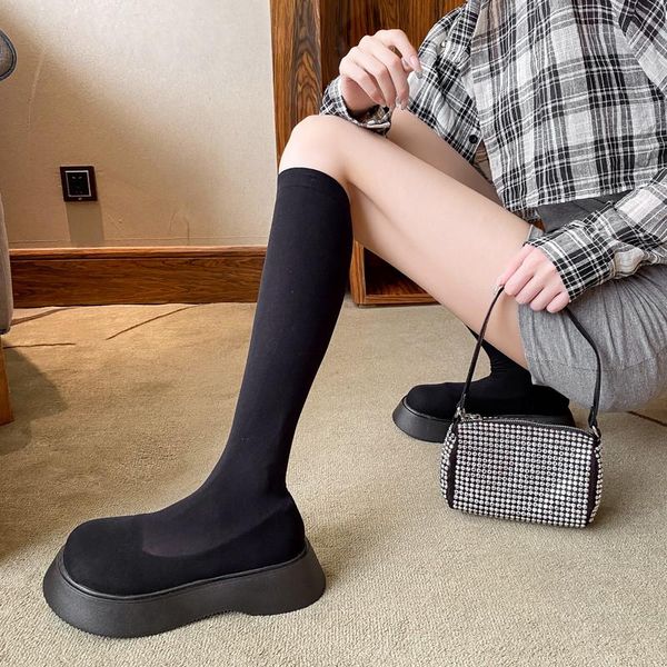 

boots women 2021 flat heel female shoes luxury designer round toe clogs platform rubber ladies lolita fashion over-the-knee, Black