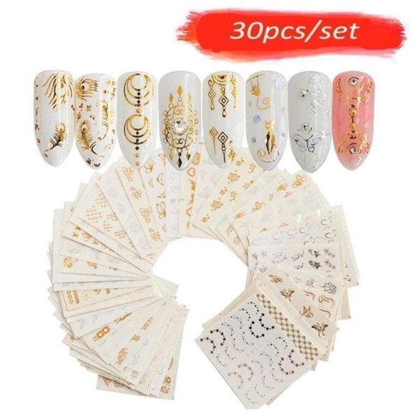 

30pcs/set gold silver nail water sticker feather flower decal manicure for nails design spider decoration art n3i71, Black