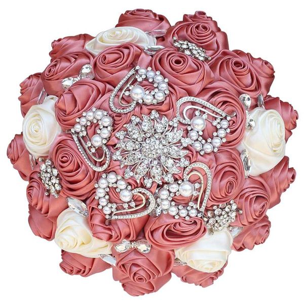 

wedding flowers luxury diamond bride bridesmaid holding bouquet nude pink diy pearl crystal satin rose church decoration pf009