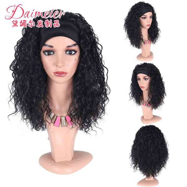 

women's long curly hair corn perm xuchang chemical fiber wig with headband, Black